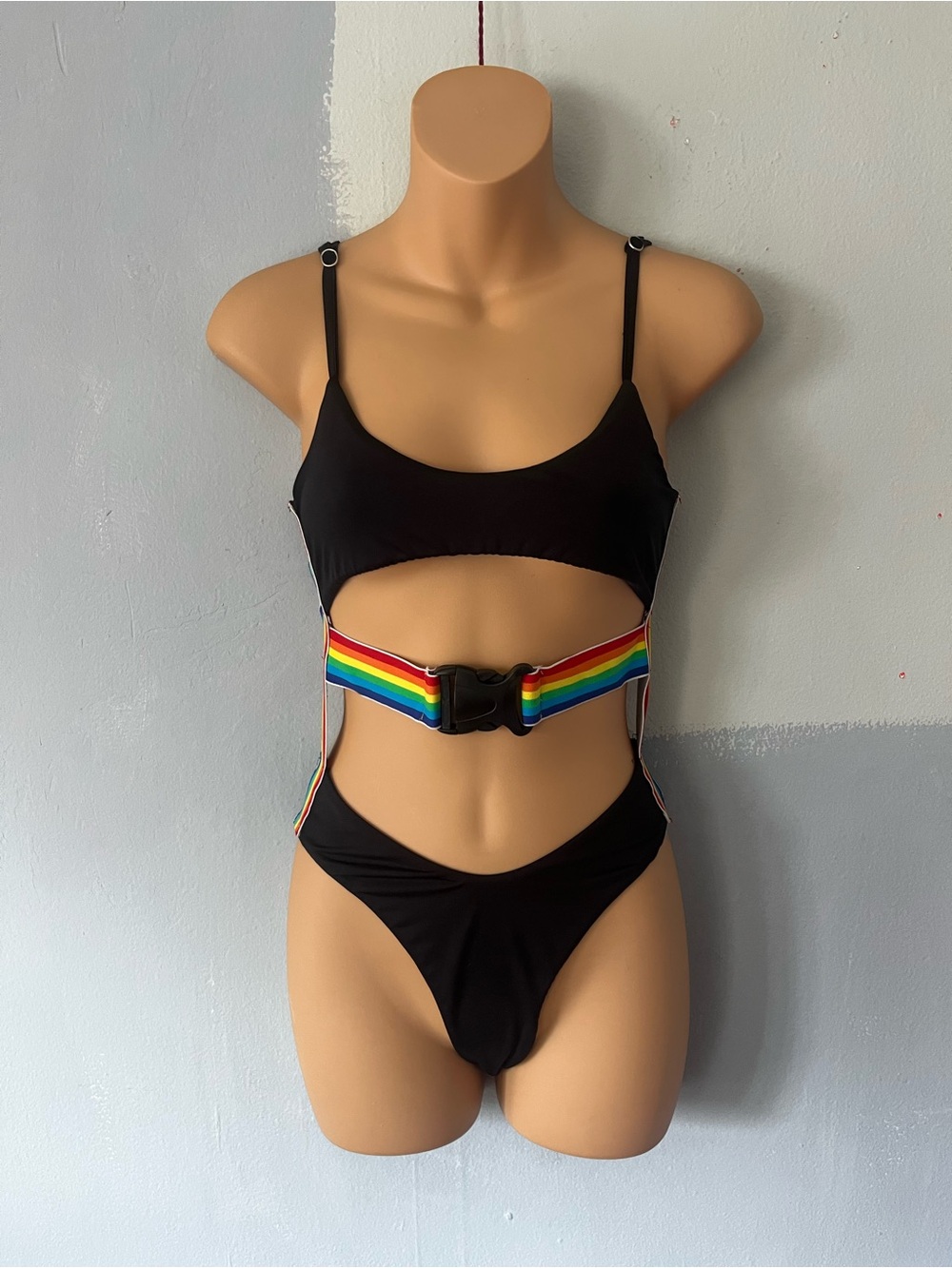 Black Cutout One-Piece Swimsuit with Rainbow Belt